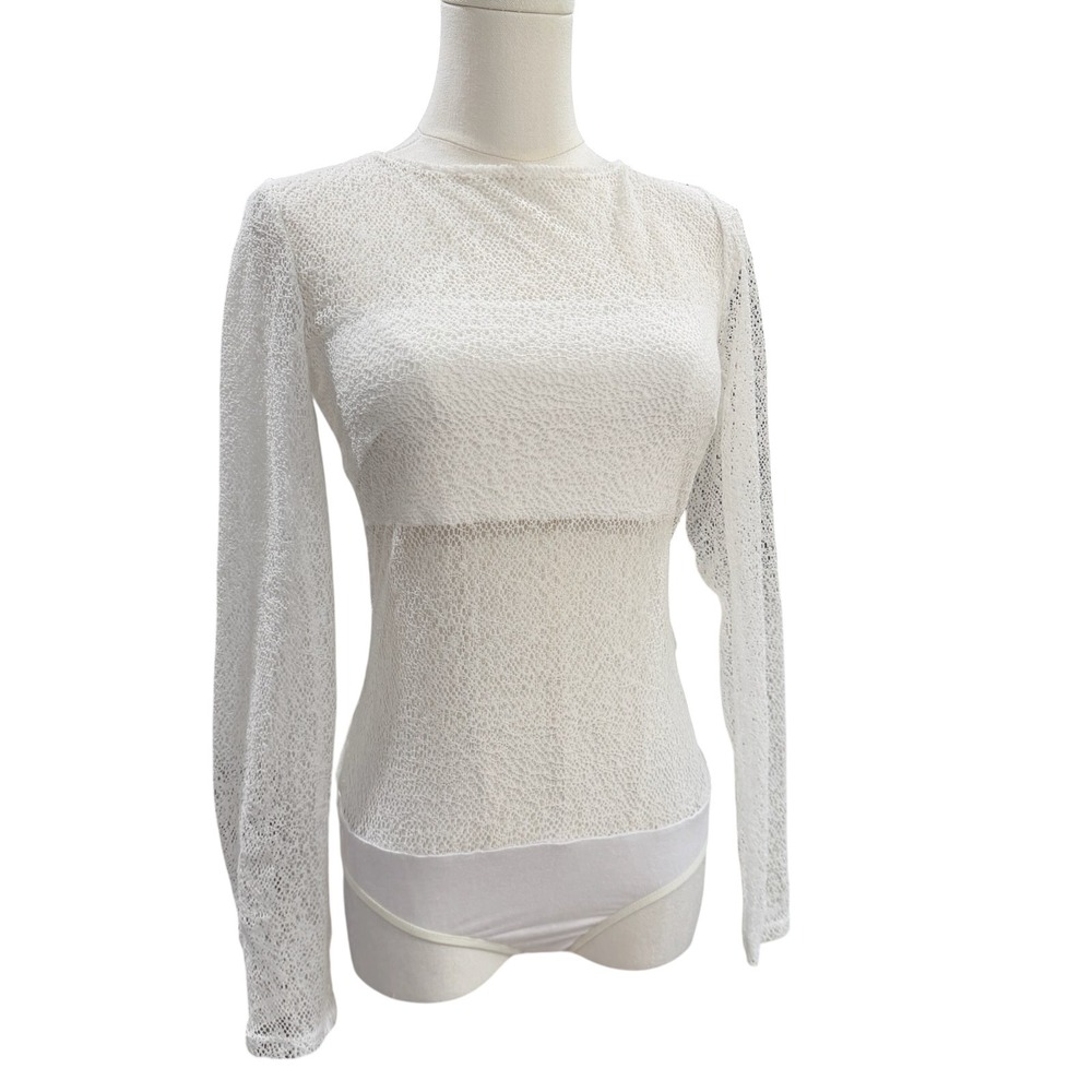 Bebe White Lace Sheer Mesh Bodysuit Long Sleeve Y2K Coquette Fairy Festival SZ S - Picture 5 of 8